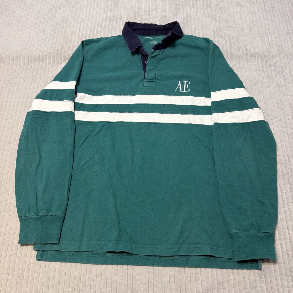 American Eagle Rugby Polo Shirt Mens Large Green Long Sleeve Cotton